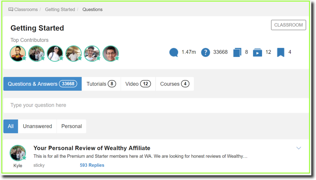 getting started classroom at Wealthy Affiliate