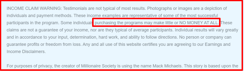 disclaimer of millionaire society