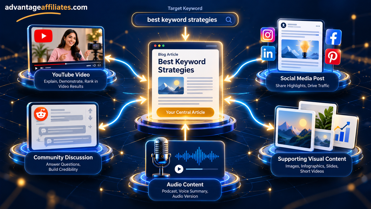 Best keyword strategies showing content diversification across articles videos social posts and communities