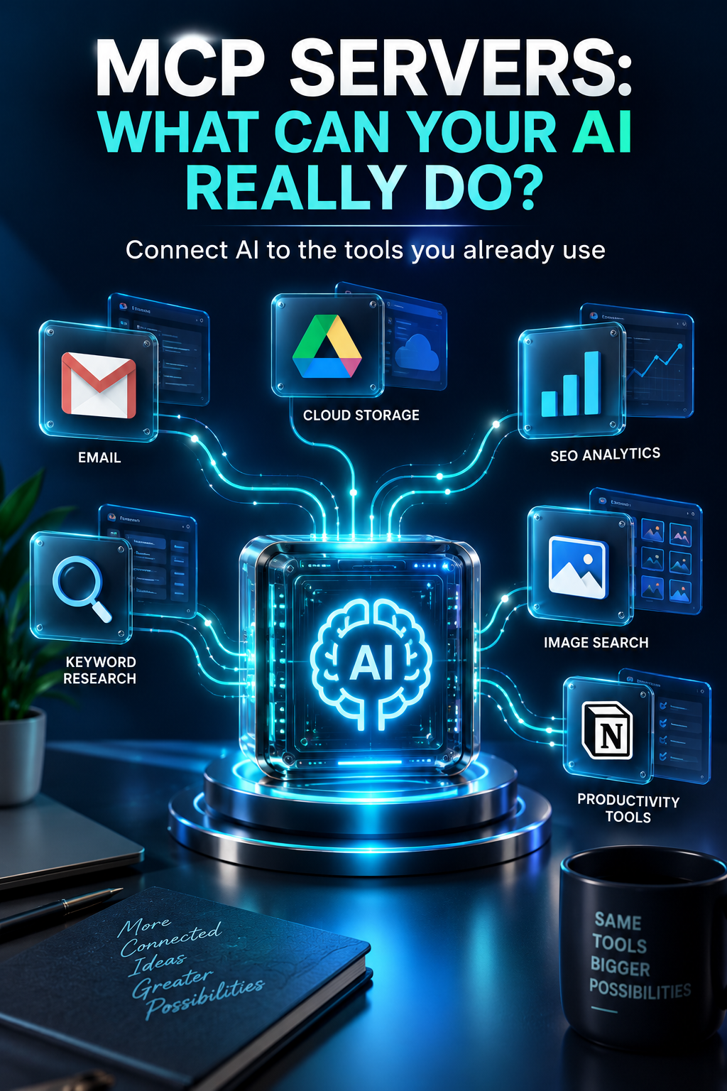 Pinterest graphic explaining MCP servers and connected AI tools